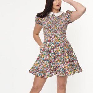 Unique Vintage Multi-Color Floral Mini Dress with White Peter Pan Collar
